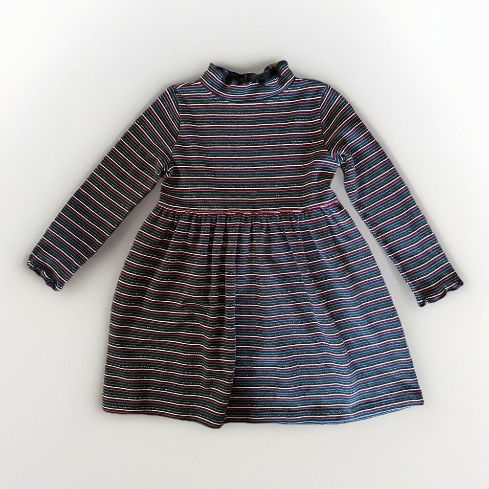 Hanna Andersson Size 5 Stripe Lurex Rib Dress Long Sleeve Skater Dress Mock Neck